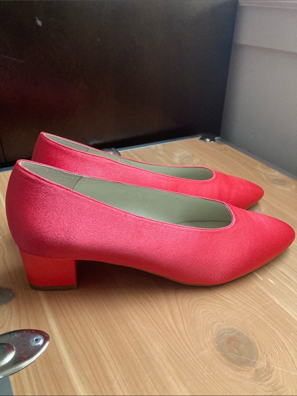 INTENTIONALLY BLANK Yum Pumps Hot Pink Satin Low Block Heel Pumps